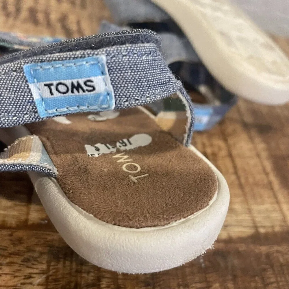 TOMS Toddler Girls 6 US Blue Floral Sandals Chambray Double Strap Embroidery
